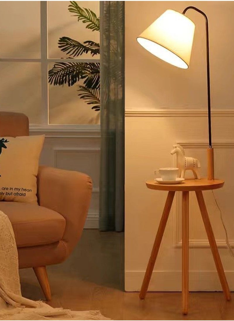 Generic - Nordic Solid Wood LED Floor Lamp with Table Modern Wooden Vertical Coffee Table Standing Lamp with Fabric Shade Cozy Home Lighting Fixture for Living Room Bedroom Warm Light 12W - Image 1