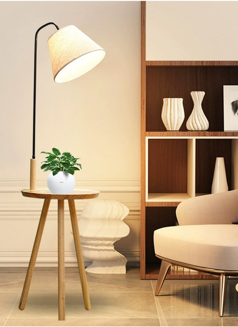 Generic - Nordic Solid Wood LED Floor Lamp with Table Modern Wooden Vertical Coffee Table Standing Lamp with Fabric Shade Cozy Home Lighting Fixture for Living Room Bedroom Warm Light 12W - Image 1
