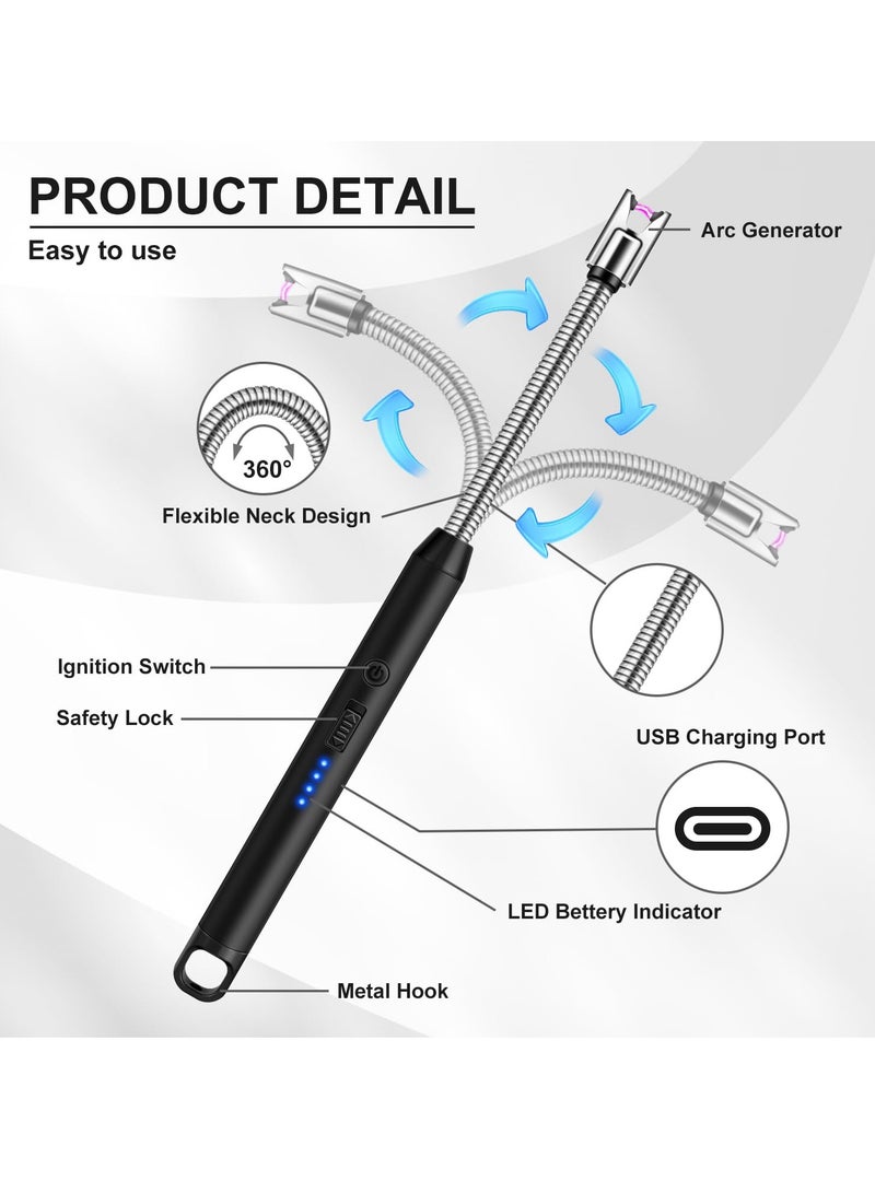 Hoasis Electric Candle Lighter， Long Reach Rechargeable USB C Lighters， Electric Arc Plasma Lighter， with Long Flexible Neck for Candles, BBQ, Camping, Grill (Black) - Image 5