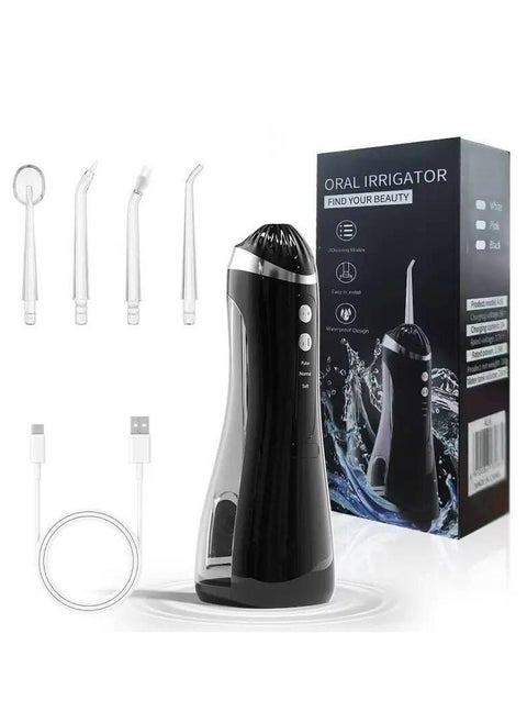 Water Flosser Tooth Brush, Cordless 310mL Professional Oral Irrigator, 360° Nozzle Rotation, Hidden Charging Port, 4 Modes 4 Jet Tips, IPX7 Waterproof, Easy-to-Clean (Black)