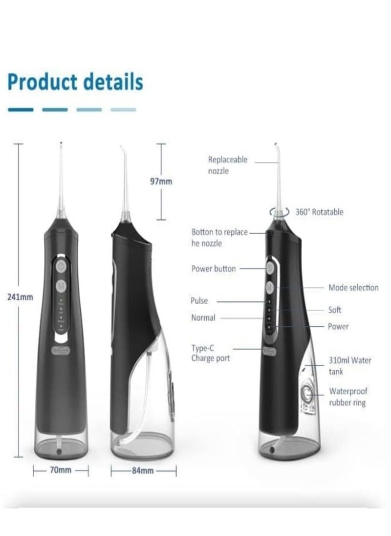 Water Flosser Tooth Brush, Cordless 310mL Professional Oral Irrigator, 360° Nozzle Rotation, Hidden Charging Port, 4 Modes 4 Jet Tips, IPX7 Waterproof, Easy-to-Clean (Black)