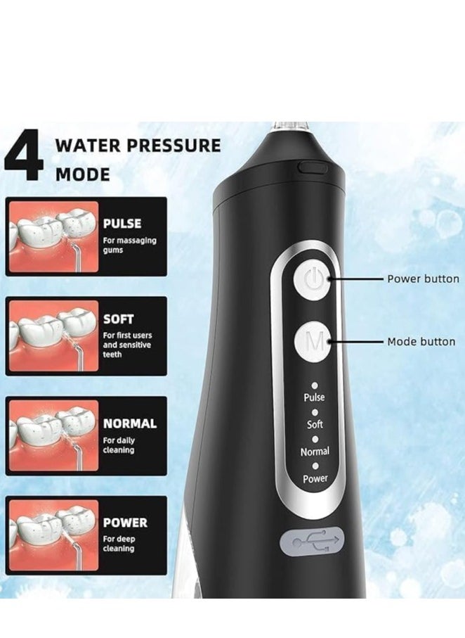 Water Flosser Tooth Brush, Cordless 310mL Professional Oral Irrigator, 360° Nozzle Rotation, Hidden Charging Port, 4 Modes 4 Jet Tips, IPX7 Waterproof, Easy-to-Clean (Black)