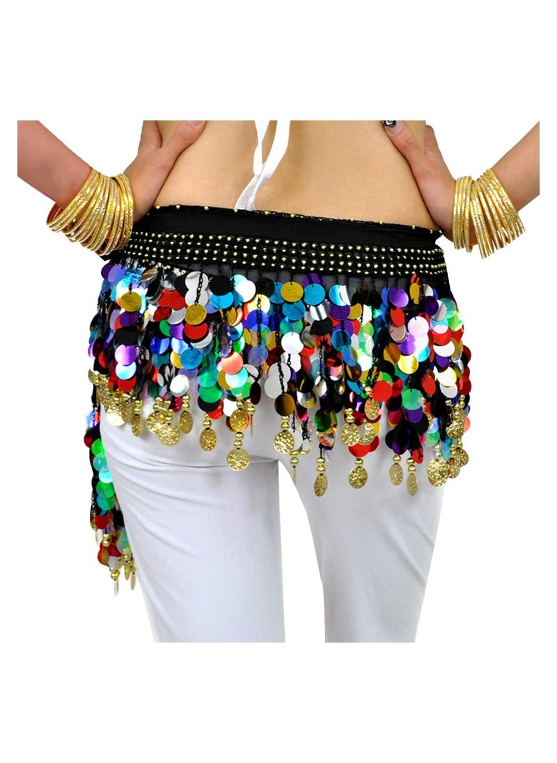 KASTWAVE Women Belly Dance Hip Scarf, Dancing Costumes 88 Colorful Gold Coins Hip Belt Skirt, Chiffon Dangling Belly Dance Waist Costume Belt for Women Girls, Black  - Image 4