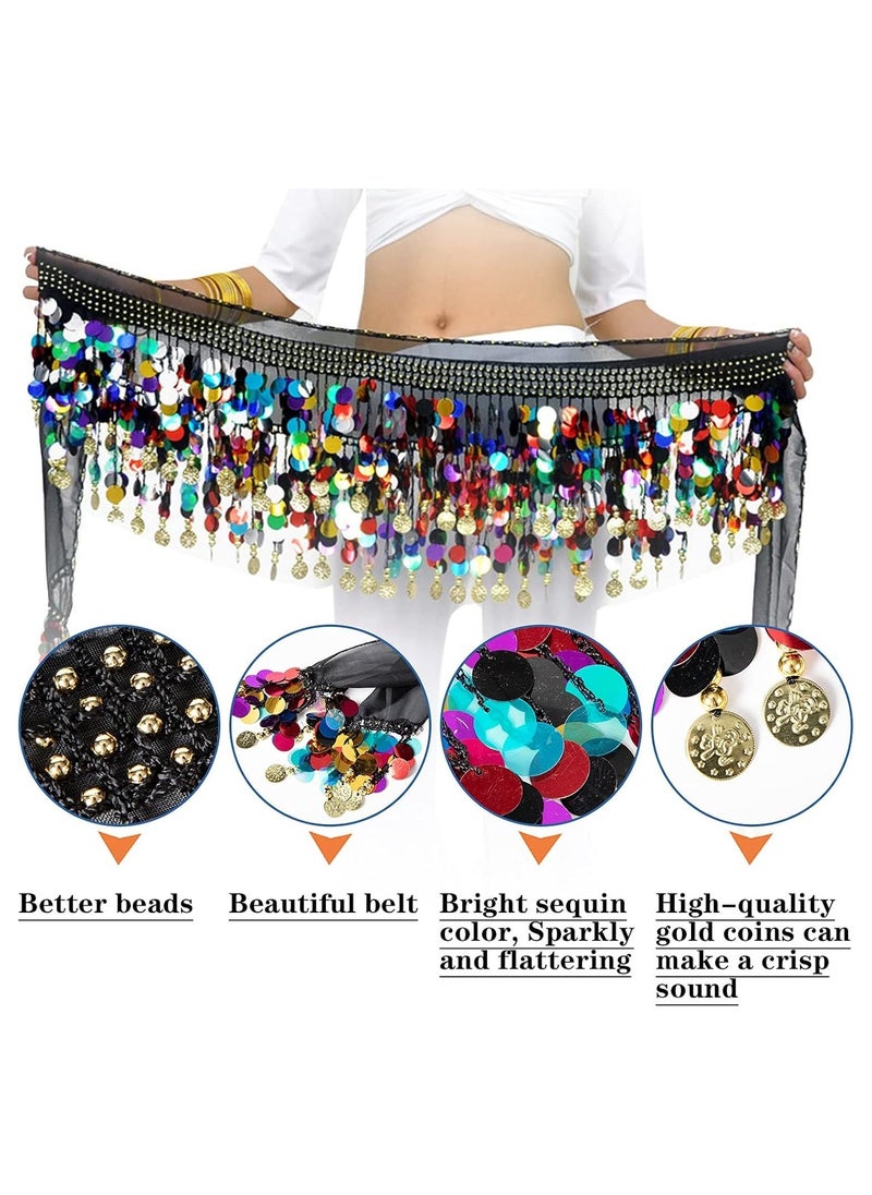 KASTWAVE Women Belly Dance Hip Scarf, Dancing Costumes 88 Colorful Gold Coins Hip Belt Skirt, Chiffon Dangling Belly Dance Waist Costume Belt for Women Girls, Black  - Image 3