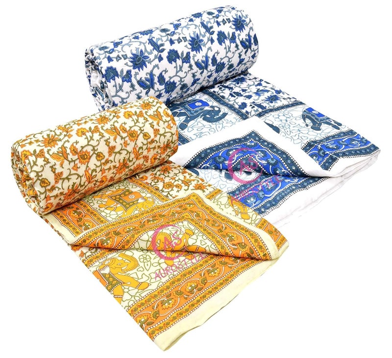 WORLDNEX 400 TC Pure Cotton Jaipuri Design Printed Light Weight Traditional Rajasthani Print Single Bed QuiltRazaiRajai Design 8 Single Bed Set of 2 Combo Set - Image 3