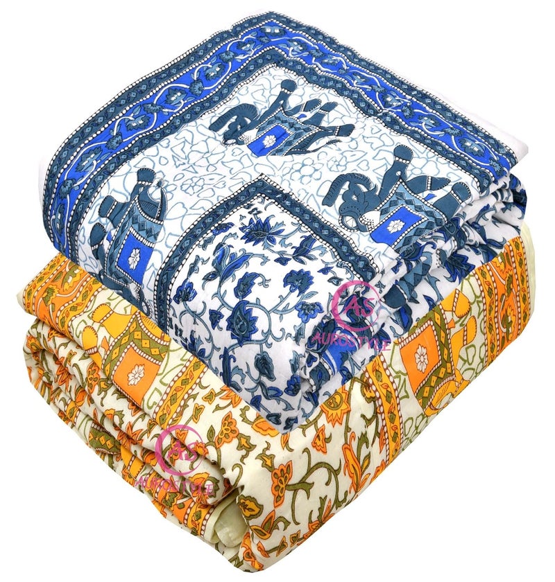 WORLDNEX 400 TC Pure Cotton Jaipuri Design Printed Light Weight Traditional Rajasthani Print Single Bed QuiltRazaiRajai Design 8 Single Bed Set of 2 Combo Set - Image 2