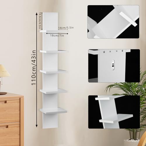 YEXEXINM Extended 5 Tier Wall Shelf Unit - 43" Lack Display Floating Shelf, Narrow Smooth Laminate Finish - Vertical Wall Decor Mount Floating Storage Home Decor Organizer Tall Tower Utility Shelves(White) - Image 2