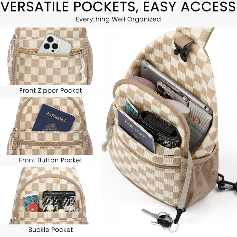 Vankor Small Crossbody Purses Bags for Women Men Travel, Chest Sling Bag Women Casual Cross Body Bag for Woman Sling Backpack Corduroy Checkered Brown - Image 5
