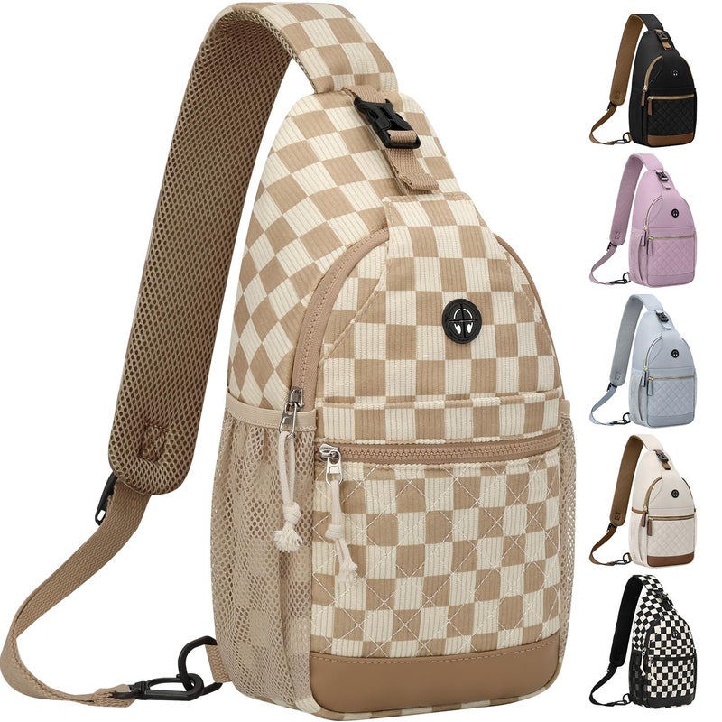 Vankor Small Crossbody Purses Bags for Women Men Travel, Chest Sling Bag Women Casual Cross Body Bag for Woman Sling Backpack Corduroy Checkered Brown - Image 1