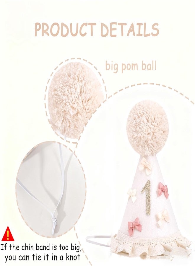 SURVART 1st Birthday Hat Boho First Birthday Crown with Bows and Glitter 1 Soft Pink Cream Felt Party Hat for Cake Smash, Photoshoot, First Outfit Accessories - Image 2