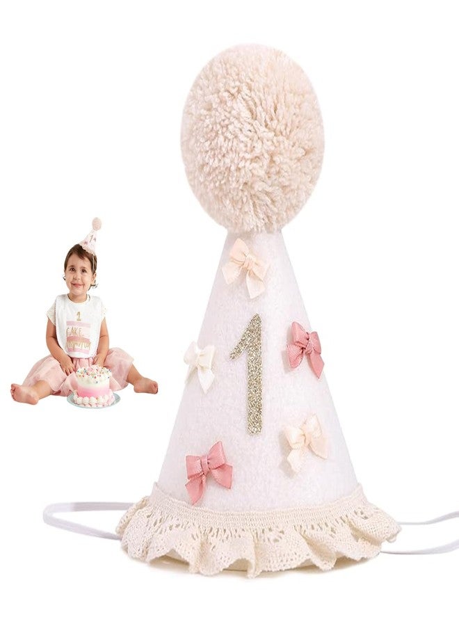 SURVART 1st Birthday Hat Boho First Birthday Crown with Bows and Glitter 1 Soft Pink Cream Felt Party Hat for Cake Smash, Photoshoot, First Outfit Accessories - Image 1