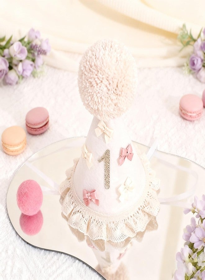 SURVART 1st Birthday Hat Boho First Birthday Crown with Bows and Glitter 1 Soft Pink Cream Felt Party Hat for Cake Smash, Photoshoot, First Outfit Accessories - Image 5