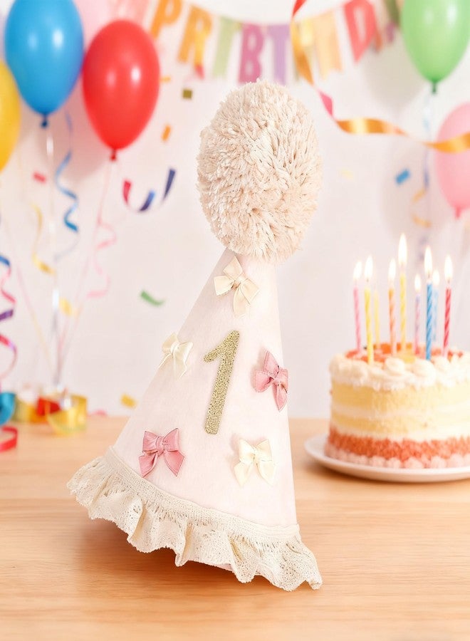 SURVART 1st Birthday Hat Boho First Birthday Crown with Bows and Glitter 1 Soft Pink Cream Felt Party Hat for Cake Smash, Photoshoot, First Outfit Accessories - Image 4