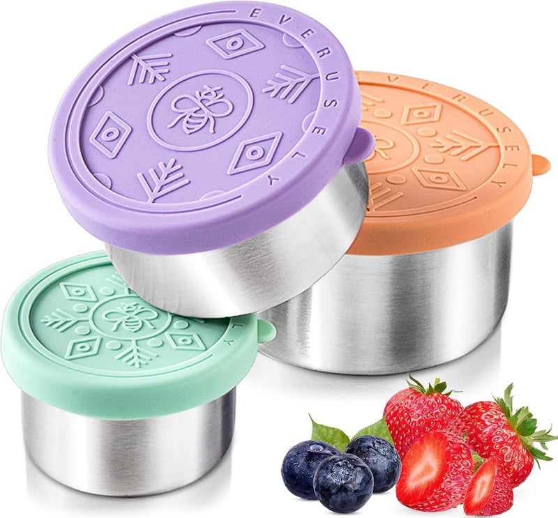 Everusely Stainless Steel Food Containers 3 Pack Bright Lunch Box for Kids Snack Containers for Office Home Food Storage Leakproof wSilicone Lids Dishwasher Freezer Safe