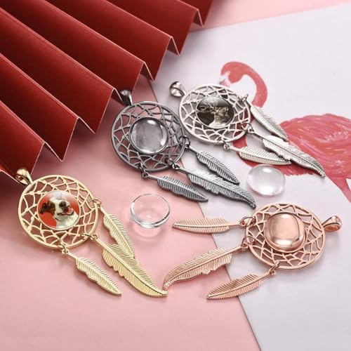 LANBEIDE 60Pieces Cabochons Jewelry Making Kits-20Pcs Dreamcatcher Bezel Pendant Trays with 20Pcs Glass Cabochons 14mm and 20Pcs Black Waxed Necklace Cords for Photo Pendant Jewelry Making - Image 5