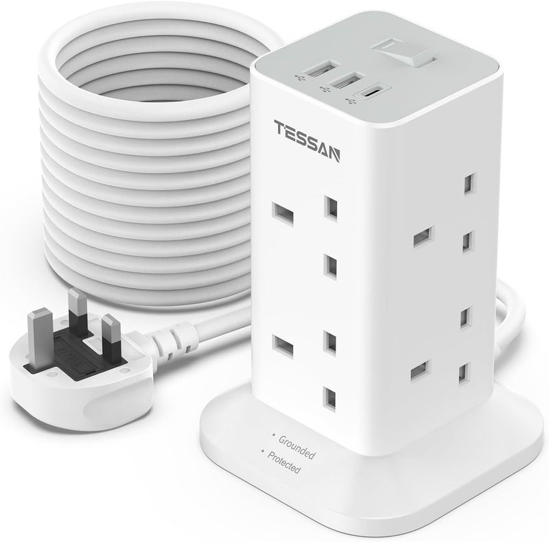TESSAN Tower Extension Lead 10M with 3 USB Slots, 8 Way Multi Plug Extension Socket with Long Cable, Surge Protected Power Strip with Switch, for Home, School Supplies - Image 1