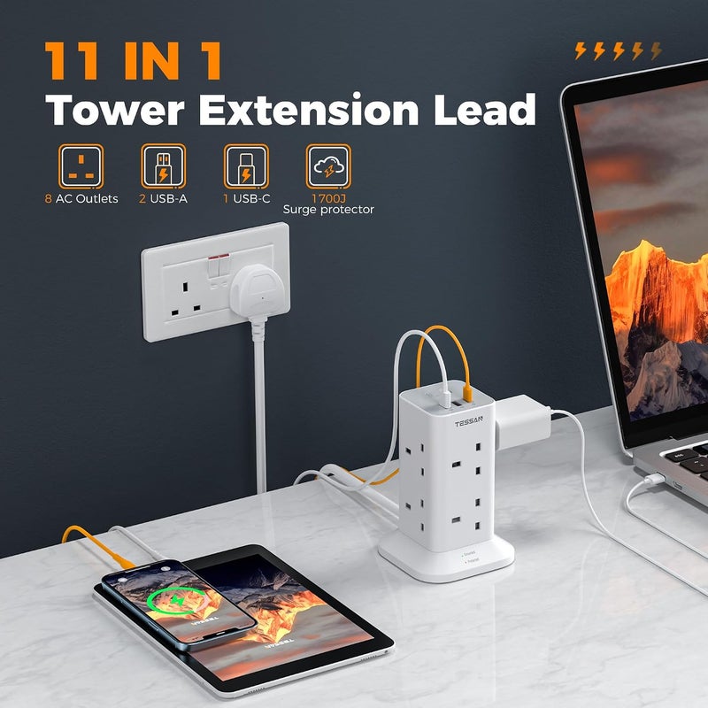 TESSAN Tower Extension Lead 10M with 3 USB Slots, 8 Way Multi Plug Extension Socket with Long Cable, Surge Protected Power Strip with Switch, for Home, School Supplies - Image 2