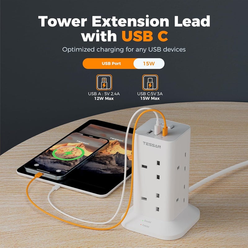 TESSAN Tower Extension Lead 10M with 3 USB Slots, 8 Way Multi Plug Extension Socket with Long Cable, Surge Protected Power Strip with Switch, for Home, School Supplies - Image 3