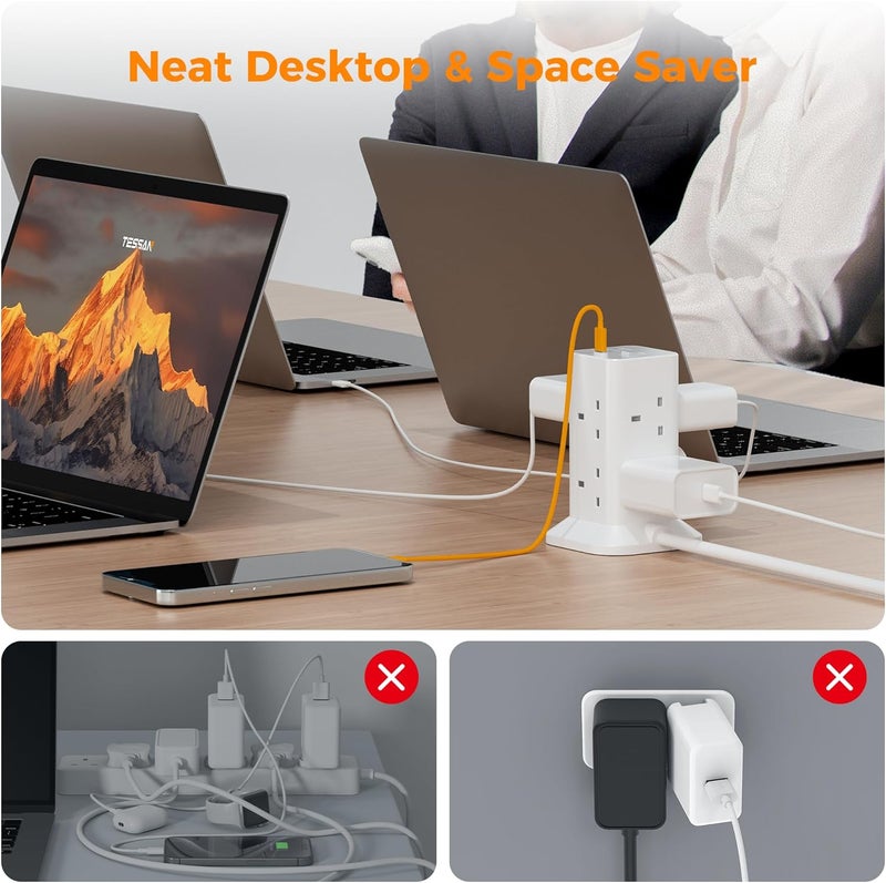 TESSAN Tower Extension Lead 10M with 3 USB Slots, 8 Way Multi Plug Extension Socket with Long Cable, Surge Protected Power Strip with Switch, for Home, School Supplies - Image 4