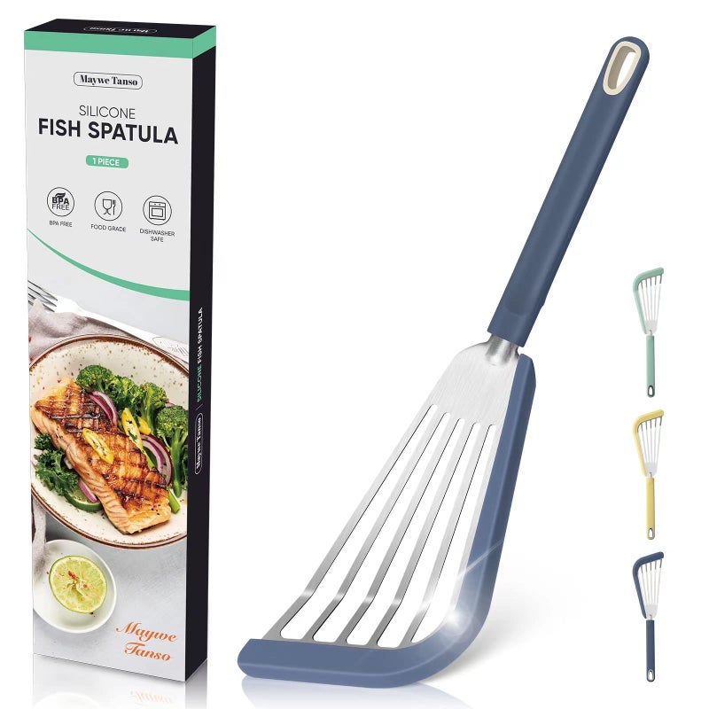 Maywe Tanso Nonstick Fish Spatula,Maywe Tanso Thin Slotted Spatulas Turner Silicone Fish Spatulas for Nonstick Cookware,High Heat Resistant BPA Free Cooking Utensils,Ideal for Fish,Eggs,Pancakes - Image 1