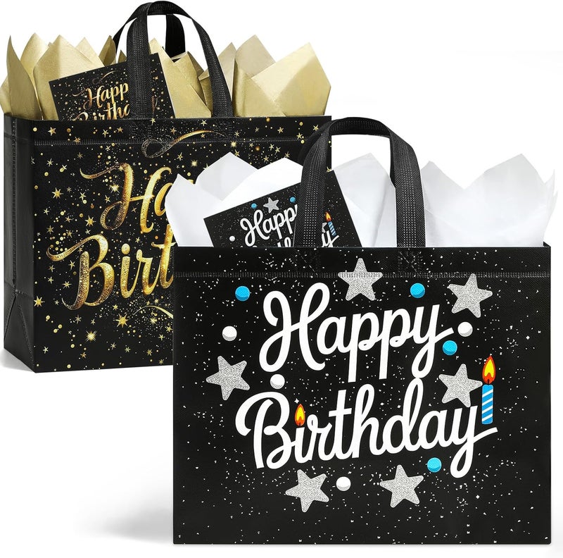 2 Pack 13" Large Birthday Gift Bags with Tissue Paper & Cards, Reusable Non-Woven Bags - Image 1