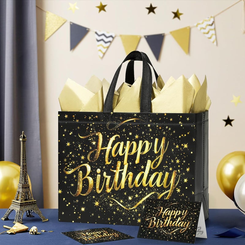 2 Pack 13" Large Birthday Gift Bags with Tissue Paper & Cards, Reusable Non-Woven Bags - Image 3