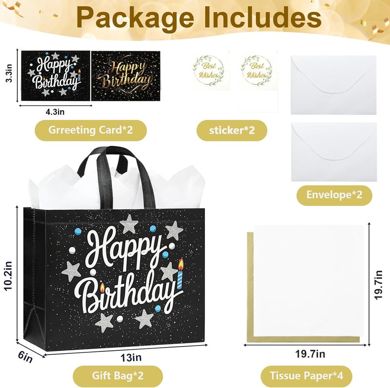 2 Pack 13" Large Birthday Gift Bags with Tissue Paper & Cards, Reusable Non-Woven Bags - Image 2