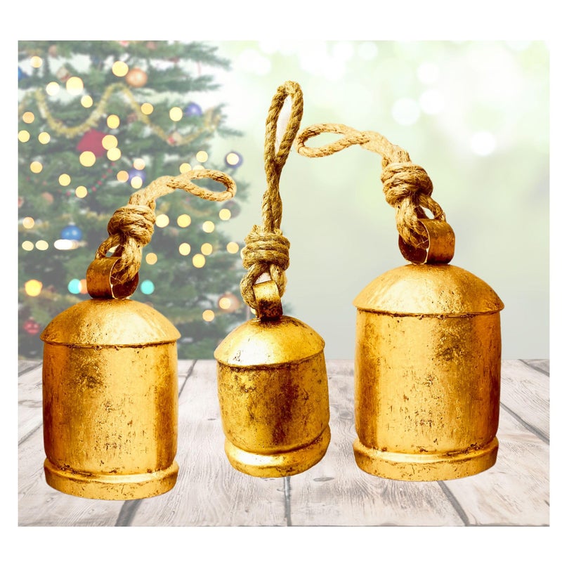 ALADEAN Rustic Harmony Cow Bells Decorative Set of 3 Christmas Bell Large Vintage Golden Cow Bell Brass Coated Country Bells Wall Hanging Cowbell Lucky Charm 345 - Image 2