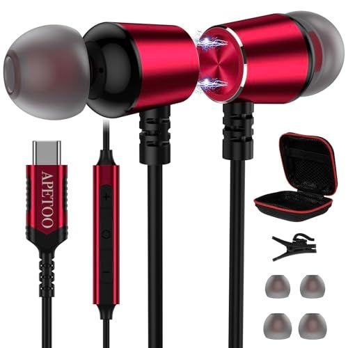 APETOO USB C Headphones for iPhone 17 16 15 Pro Max Galaxy S25 S24 S23 S22 Ultra Flip Fold A16 A54, Noise Canceling In-Ear Type C Earphones Magnetic Wired Earbuds with Mic HiFi Stereo for Android, Red - Image 1
