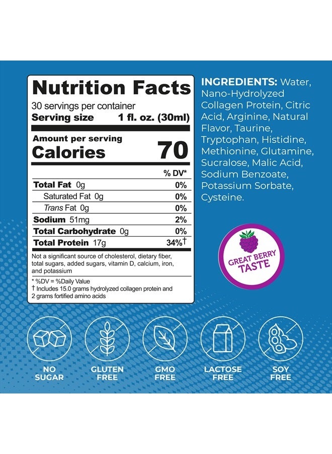 ProT Gold Liquid Collagen Protein Shot, 17g Clear Protein Nano-Hydrolyzed Grass Fed Collagen, 2g Arginine for Wound Support, Gluten Free, Sugar Free, 0g Carbs, Non GMO, Berry, 30 fl oz Bottle - Image 3