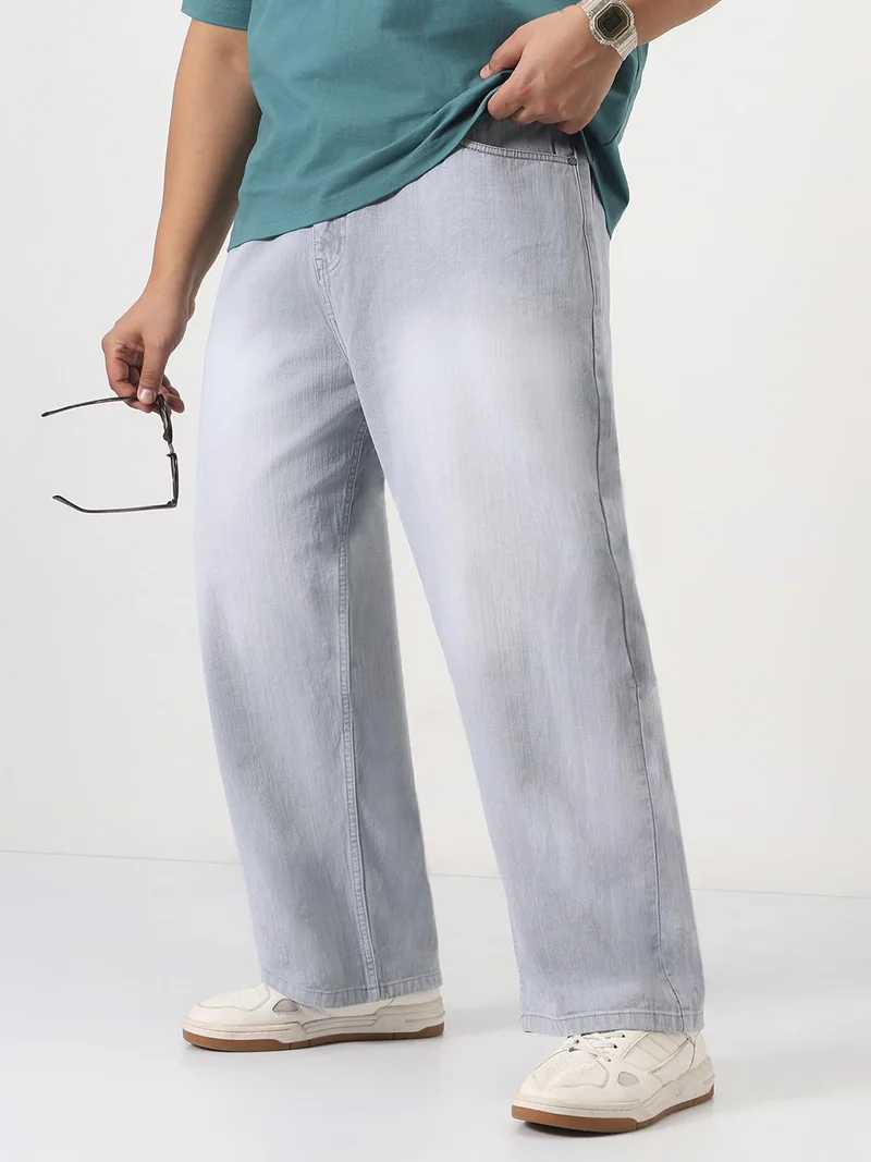 Urbano Plus Men's Ice Grey Loose Baggy Fit Washed Denim Jeans Non-Stretchable