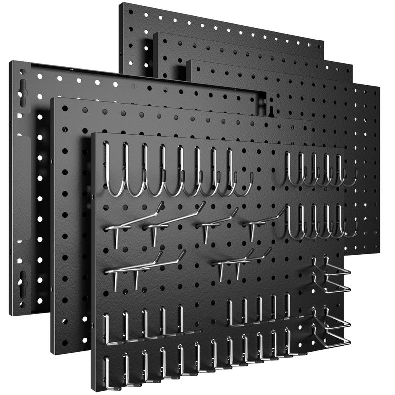 Spampur Peg Board, 6 Pack Metal Pegboard Panels Black Pegboards Wall Organizer with 50 Hooks, Heavy Duty Peg Board for Walls Home, Garage Tool Storage, Office Organization, Craft Room, Kitchen - Image 1