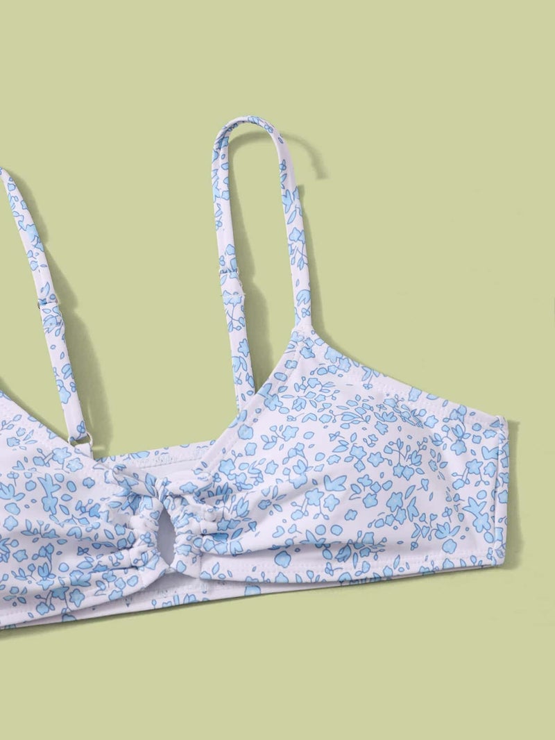 OYOANGLE Girl's 2 Piece Ditsy Floral Bikini Swimsuit Ring Linked Ruched Bathing Suit Blue 12-13Y - Image 4