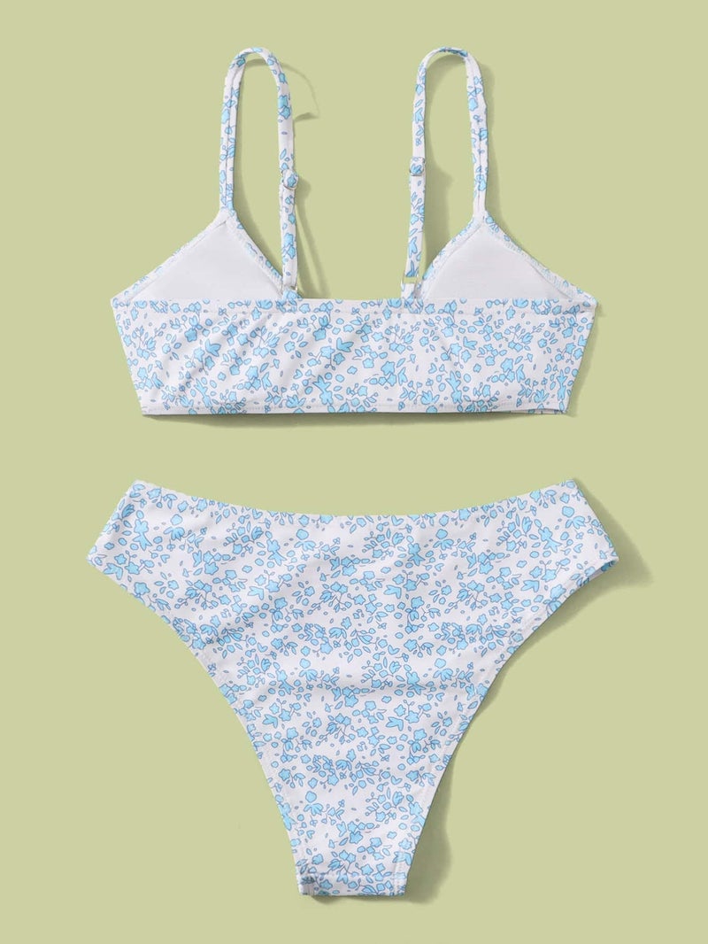 OYOANGLE Girl's 2 Piece Ditsy Floral Bikini Swimsuit Ring Linked Ruched Bathing Suit Blue 12-13Y - Image 3