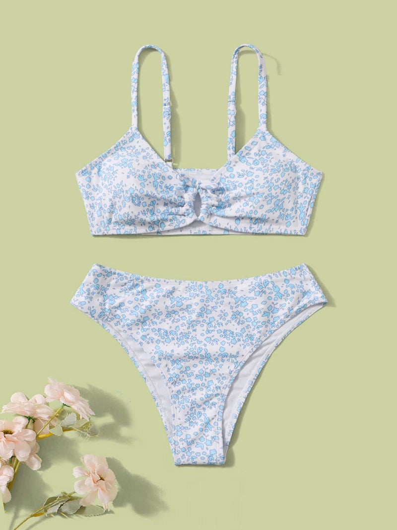 OYOANGLE Girl's 2 Piece Ditsy Floral Bikini Swimsuit Ring Linked Ruched Bathing Suit Blue 12-13Y - Image 2