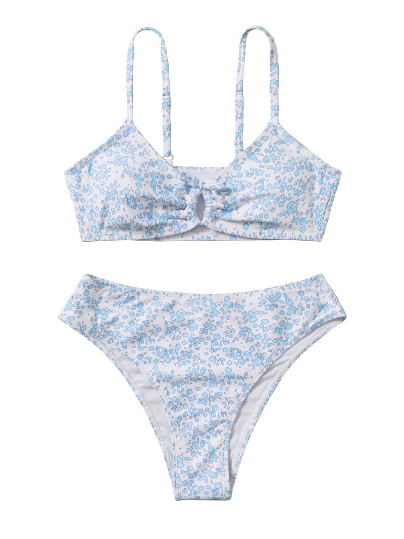 OYOANGLE Girl's 2 Piece Ditsy Floral Bikini Swimsuit Ring Linked Ruched Bathing Suit Blue 12-13Y - Image 1
