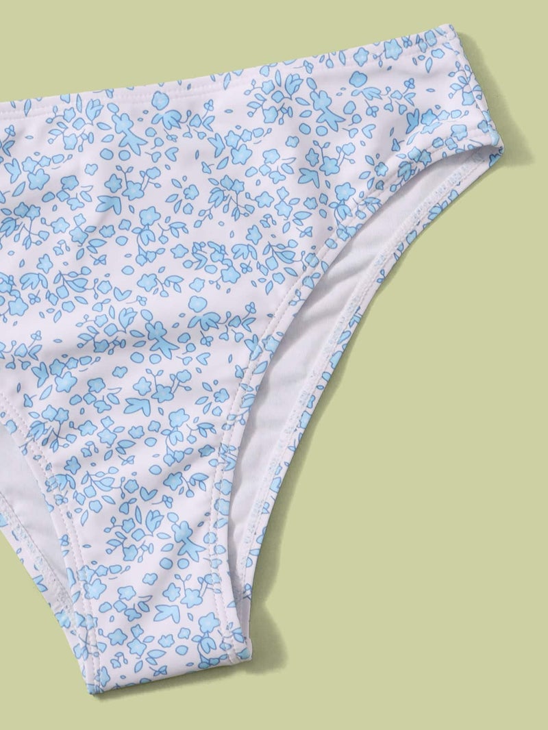 OYOANGLE Girl's 2 Piece Ditsy Floral Bikini Swimsuit Ring Linked Ruched Bathing Suit Blue 12-13Y - Image 5