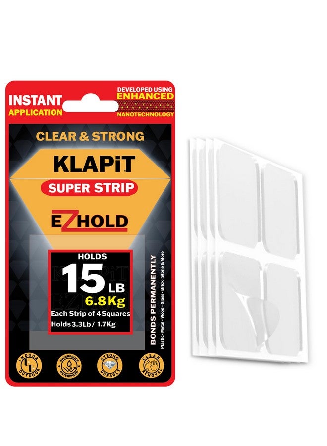 كلابيت شريط لاصق فائق من KLAPiT EZHold، مقاس 1 بوصة، مقطوع مسبقًا ومتين، مربعات مزدوجة الجوانب، يحمل 6.8 كجم من شريط نانو شفاف مقاوم للماء، التصاق قوي، استخدام فوري، لا يترك بقايا للجدران والخشب والبلاط والزجاج والمعادن، 16 قطعة - Image 1