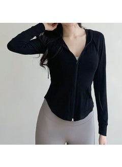 Womens Spring Autumn New Slimming Yoga Suit Sport Hooded Zipper Top Casual Fitness Jacket Long Sleeve Quick Dry Slimming Black