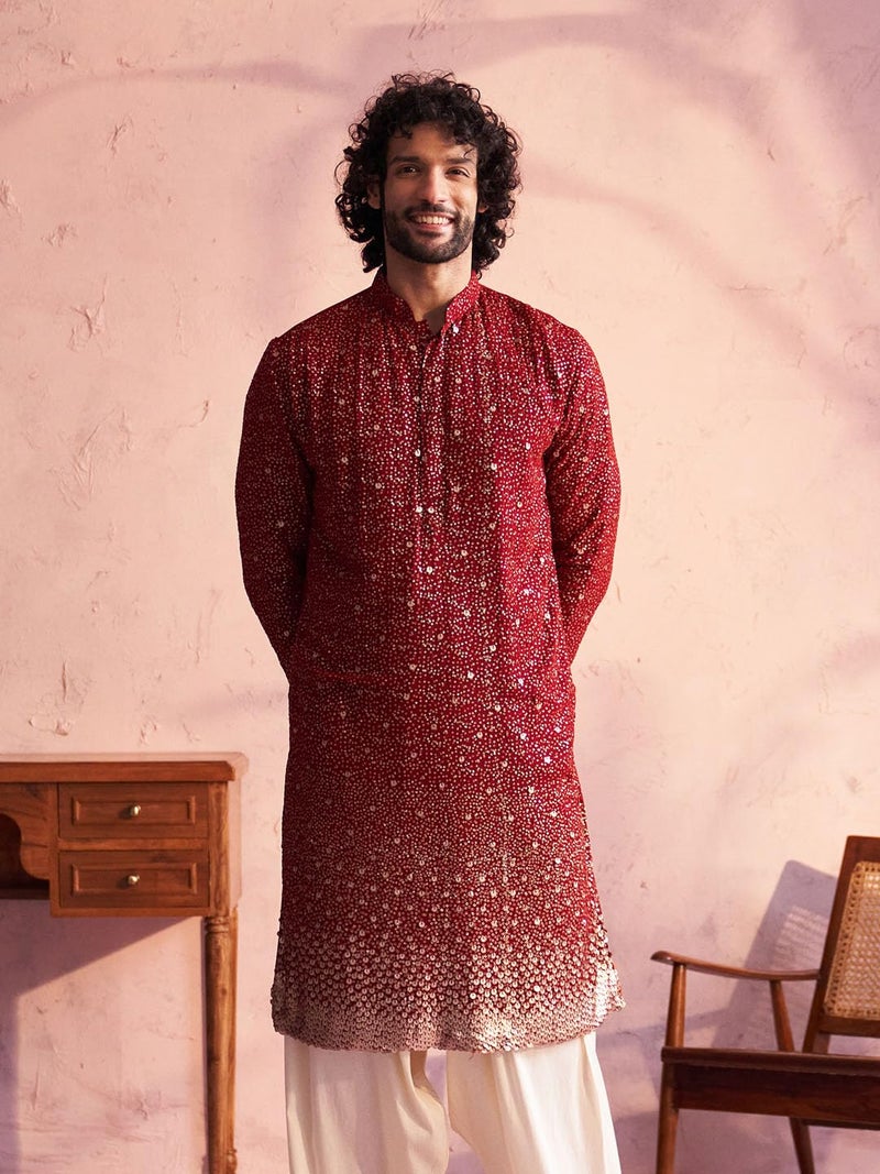 VASTRAMAY Men's Maroon Georgette Kurta_VSHRMK229MA_38 - Image 2