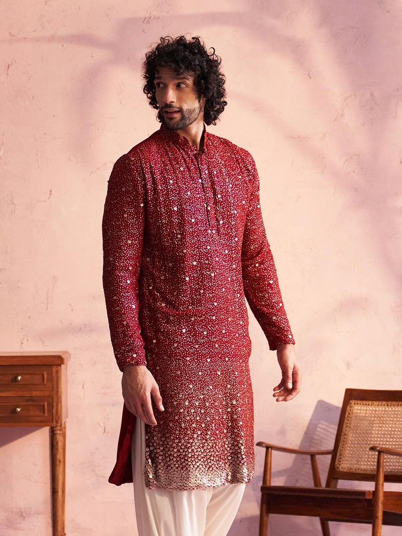 VASTRAMAY Men's Maroon Georgette Kurta_VSHRMK229MA_38 - Image 3