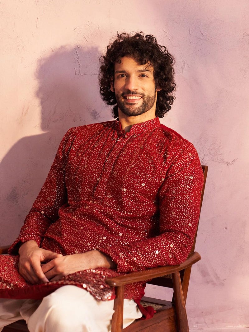 VASTRAMAY Men's Maroon Georgette Kurta_VSHRMK229MA_38 - Image 5