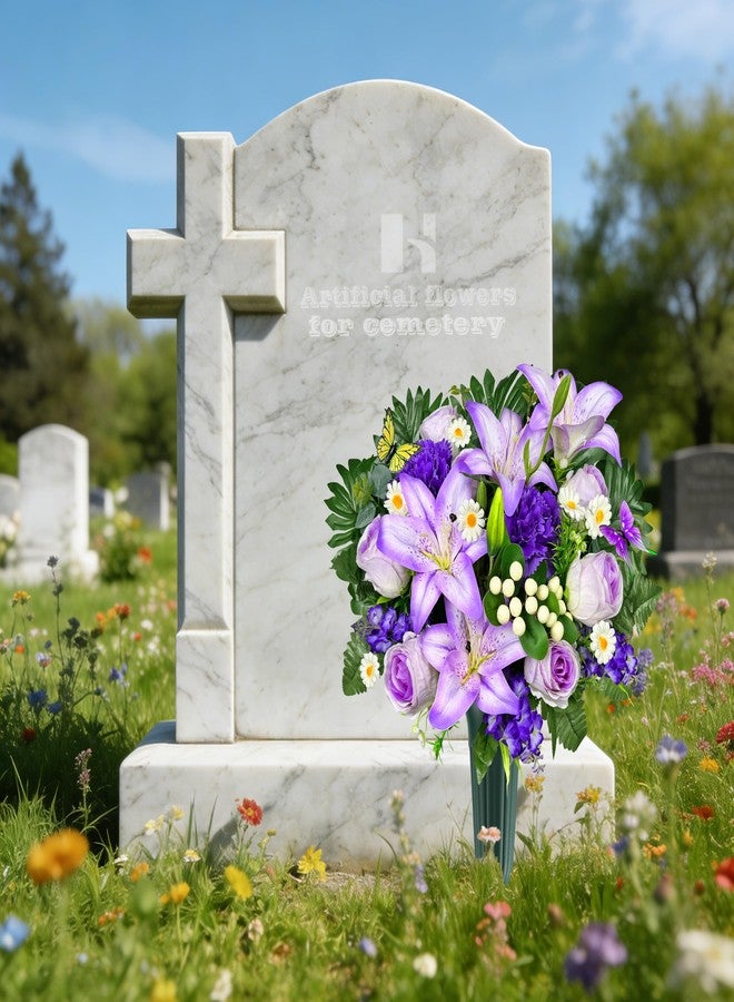 HENOMO Artificial Cemetery Flowers – Vibrant Rose Carnation, Outdoor Grave Decorations - 1 Purple Gravesite Bouquet with Vase - Image 2