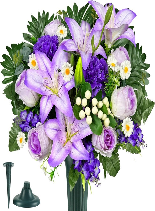HENOMO Artificial Cemetery Flowers – Vibrant Rose Carnation, Outdoor Grave Decorations - 1 Purple Gravesite Bouquet with Vase - Image 1
