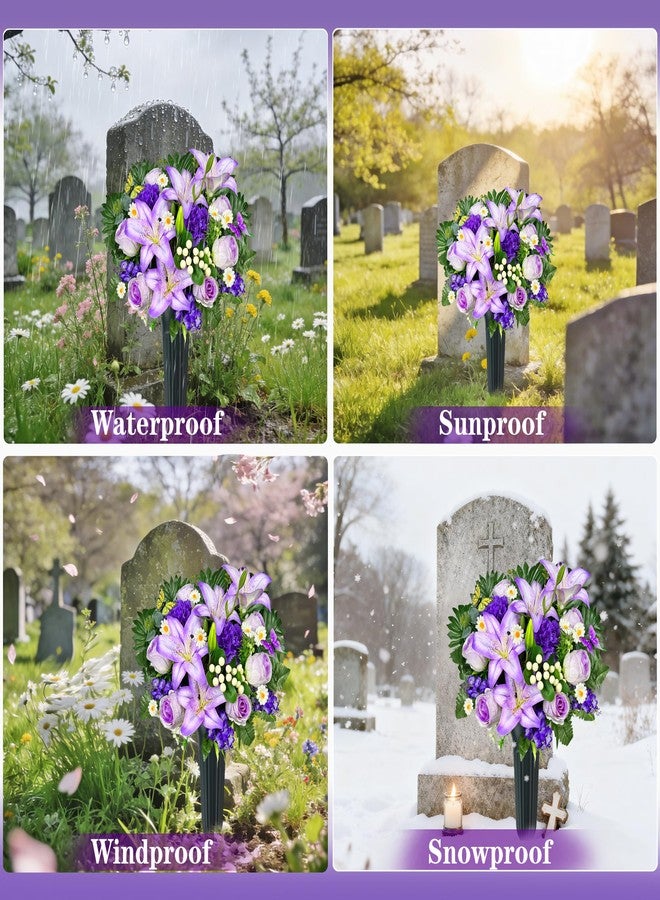 HENOMO Artificial Cemetery Flowers – Vibrant Rose Carnation, Outdoor Grave Decorations - 1 Purple Gravesite Bouquet with Vase - Image 3