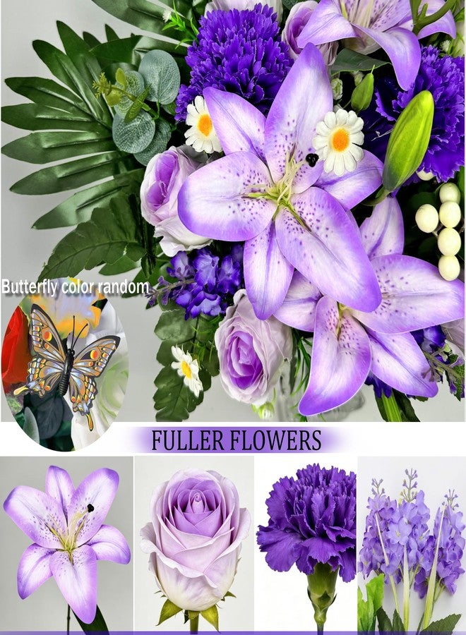 HENOMO Artificial Cemetery Flowers – Vibrant Rose Carnation, Outdoor Grave Decorations - 1 Purple Gravesite Bouquet with Vase - Image 5