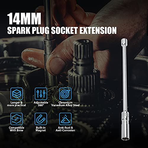 CMTOOL 14mm Spark Plug Socket Magnetic Thin Wall 14 mm Spark Plug Socket Set, Enhanced Magnetic Design, 3/8 Inch Drive, 12 Inch Total Length, Durable Car Removal Tool Kit, 360 Degree Swivel, 12 Point - Image 2