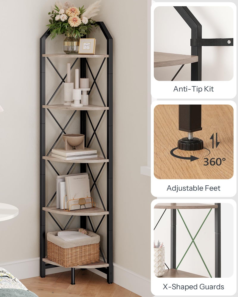 CHOEZON 5-Tier Corner Shelf, Industrial Corner Bookshelf, 59.4" Corner Storage Stand, Plant Stand Display Shelf, Corner Bookcase for Bedroom, Living Room, Home Office, Greige and Black TCJ10BG - Image 3