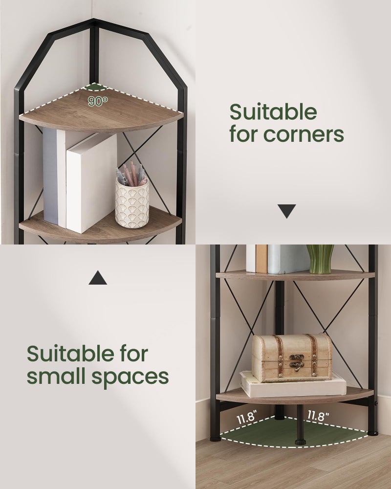 CHOEZON 5-Tier Corner Shelf, Industrial Corner Bookshelf, 59.4" Corner Storage Stand, Plant Stand Display Shelf, Corner Bookcase for Bedroom, Living Room, Home Office, Greige and Black TCJ10BG - Image 2