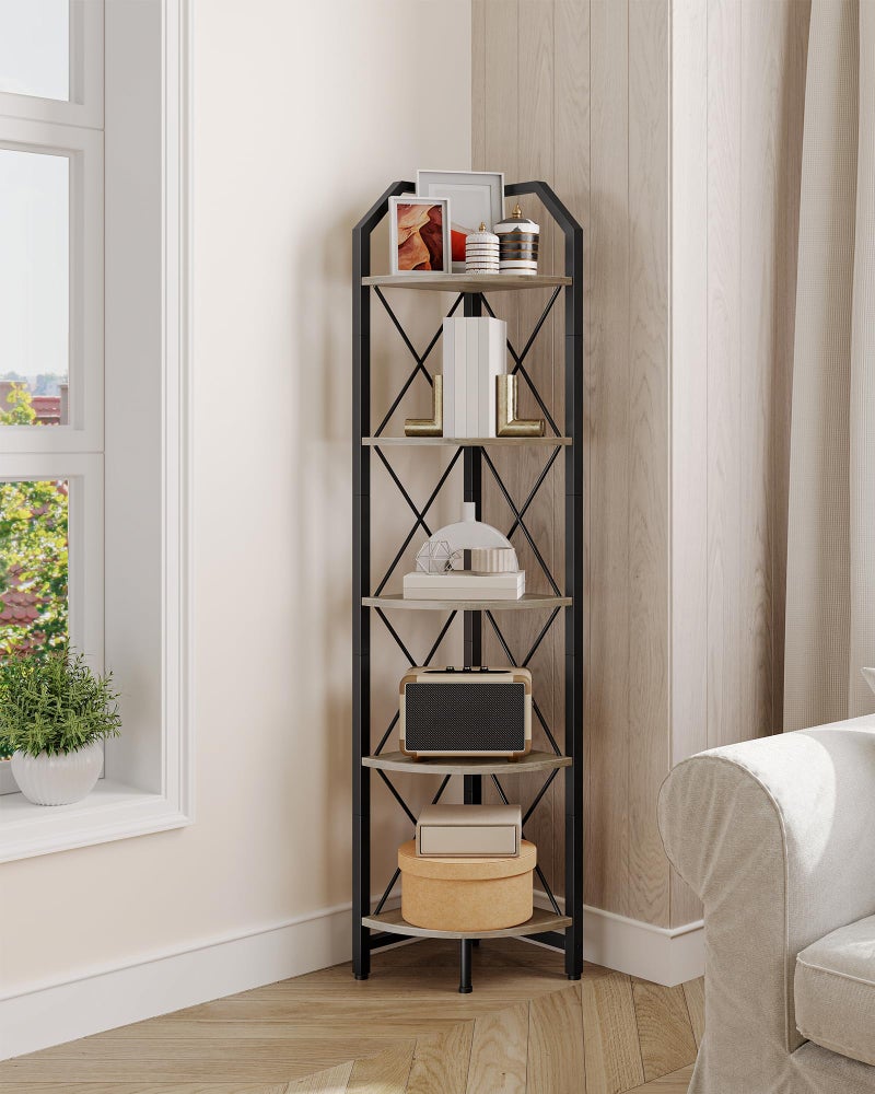 CHOEZON 5-Tier Corner Shelf, Industrial Corner Bookshelf, 59.4" Corner Storage Stand, Plant Stand Display Shelf, Corner Bookcase for Bedroom, Living Room, Home Office, Greige and Black TCJ10BG - Image 4